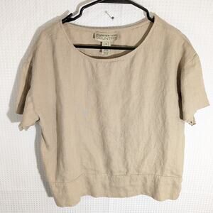 Jones New York Country Linen Top Size 10 Womens Beige Short Sleeve Blouse Shirt